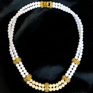 Vintage Monet White Glass & Faux Pearl Double Strand Necklace 18"